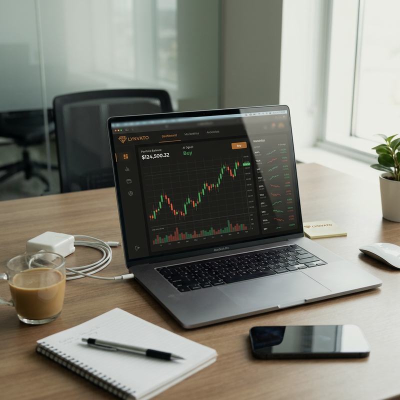 The Lynvato dashboard on a laptop showing portfolio balance, a candlestick chart and an asset watchlist