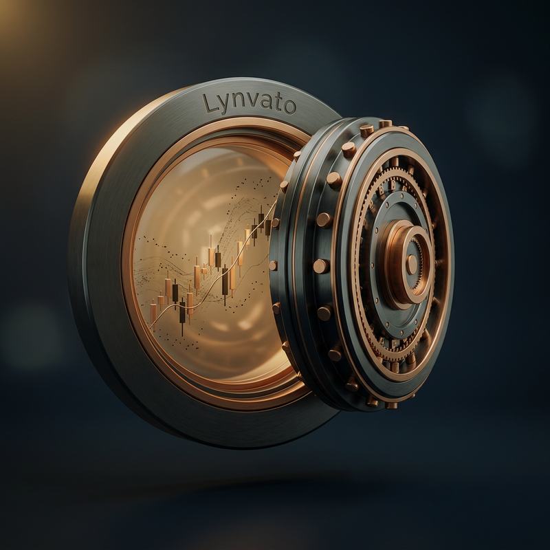 A sealed metal vault engraved with the Lynvato name, a rising copper chart visible behind its glass