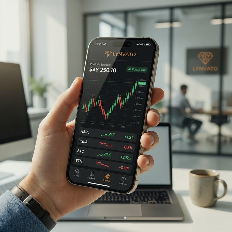 The Lynvato app on a phone showing portfolio balance, the engine's signal and a live watchlist