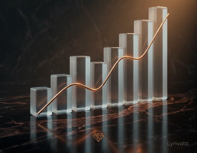 Ascending glass columns crossed by a glowing copper curve on dark marble, with the Lynvato mark alongside